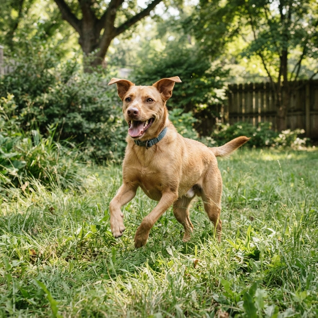 Bruno, a bright-eyed dog mid-stride outdoors