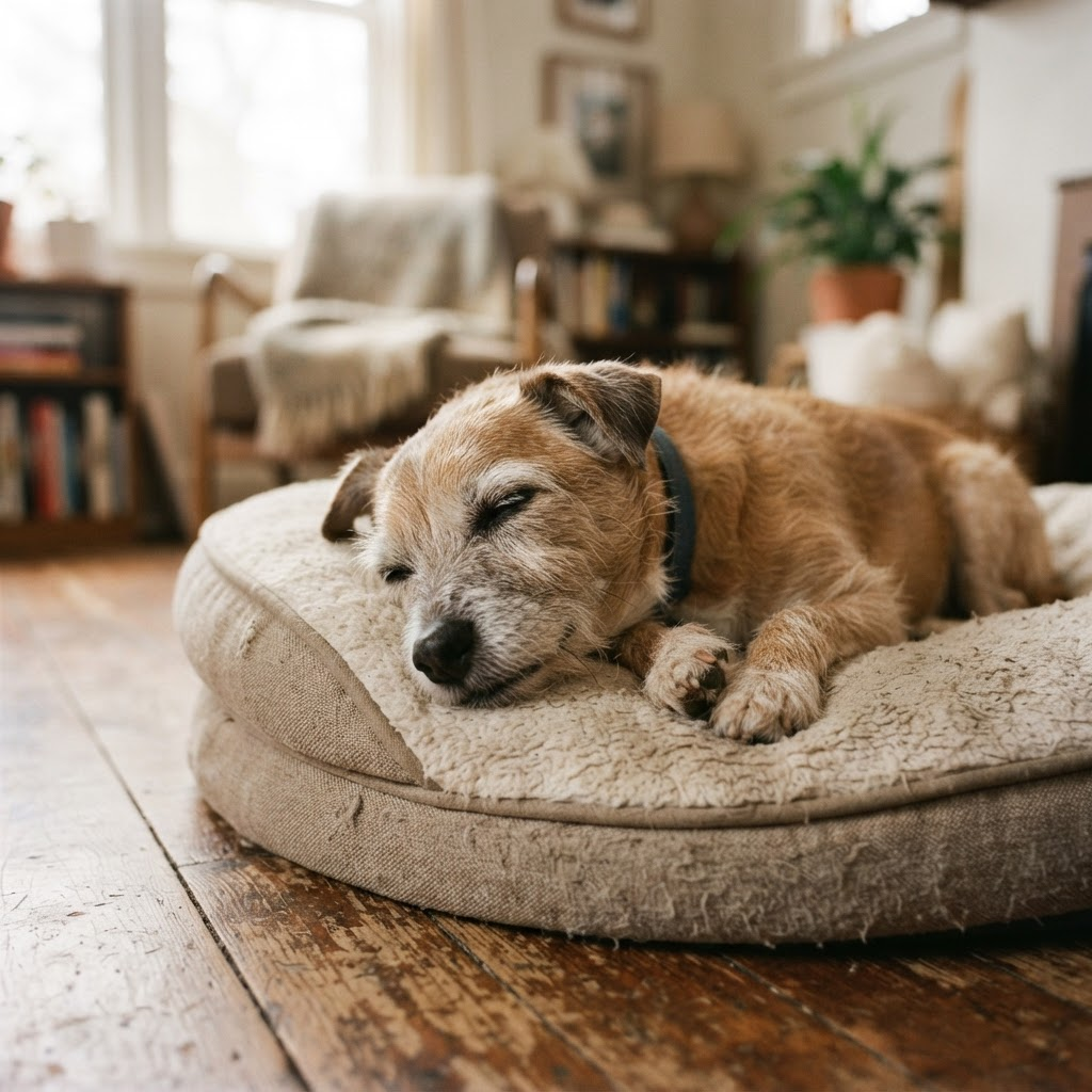 Daisy, a senior dog with a calm, gentle face