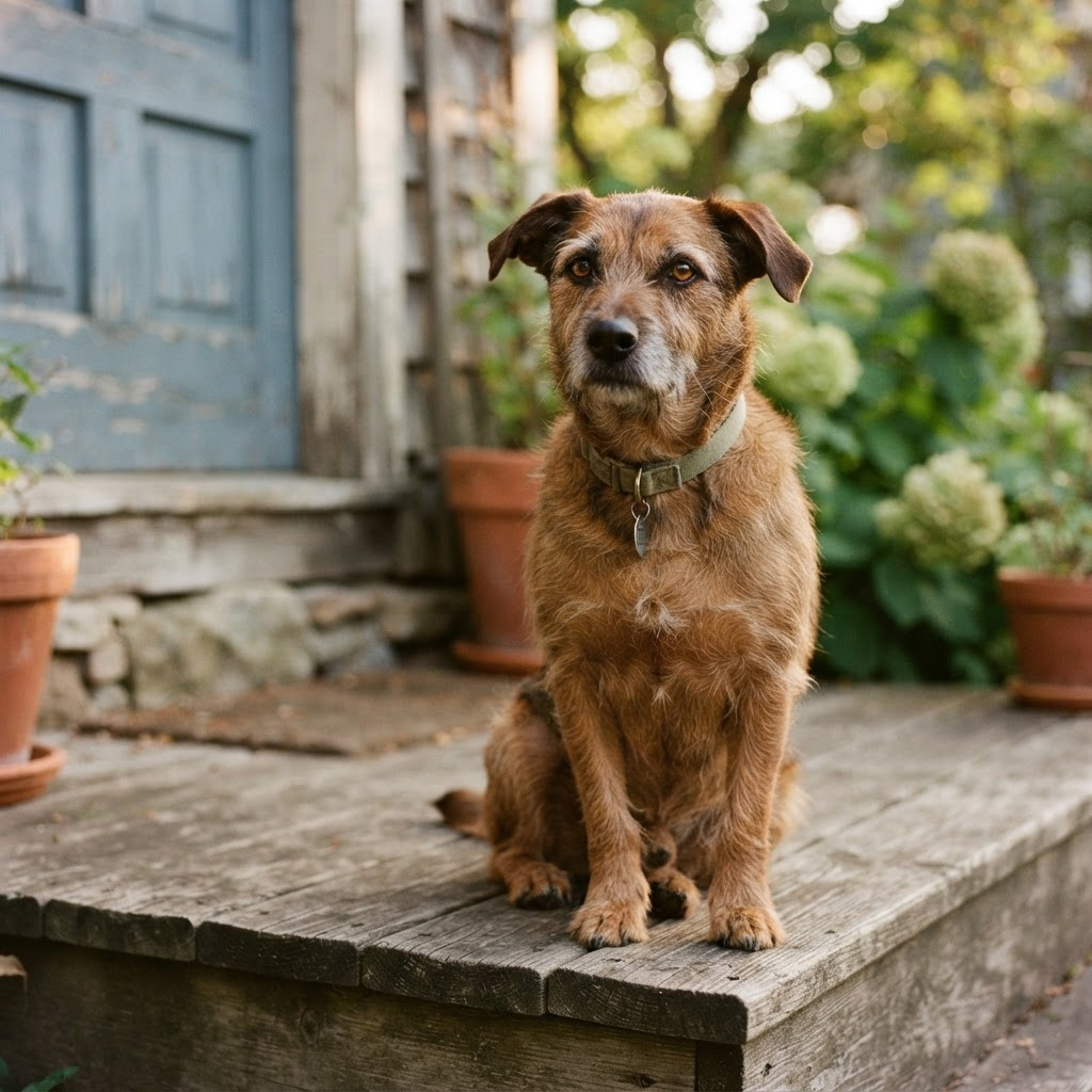 Milo, a medium-sized brown dog, sitting calmly in a sunlit backyard