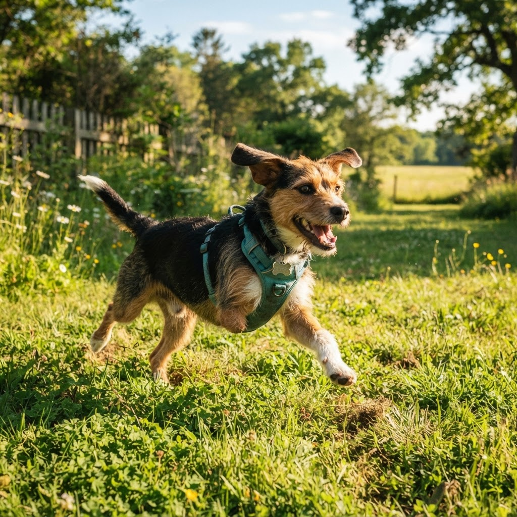 Otis, an energetic three-legged dog, smiling at the camera