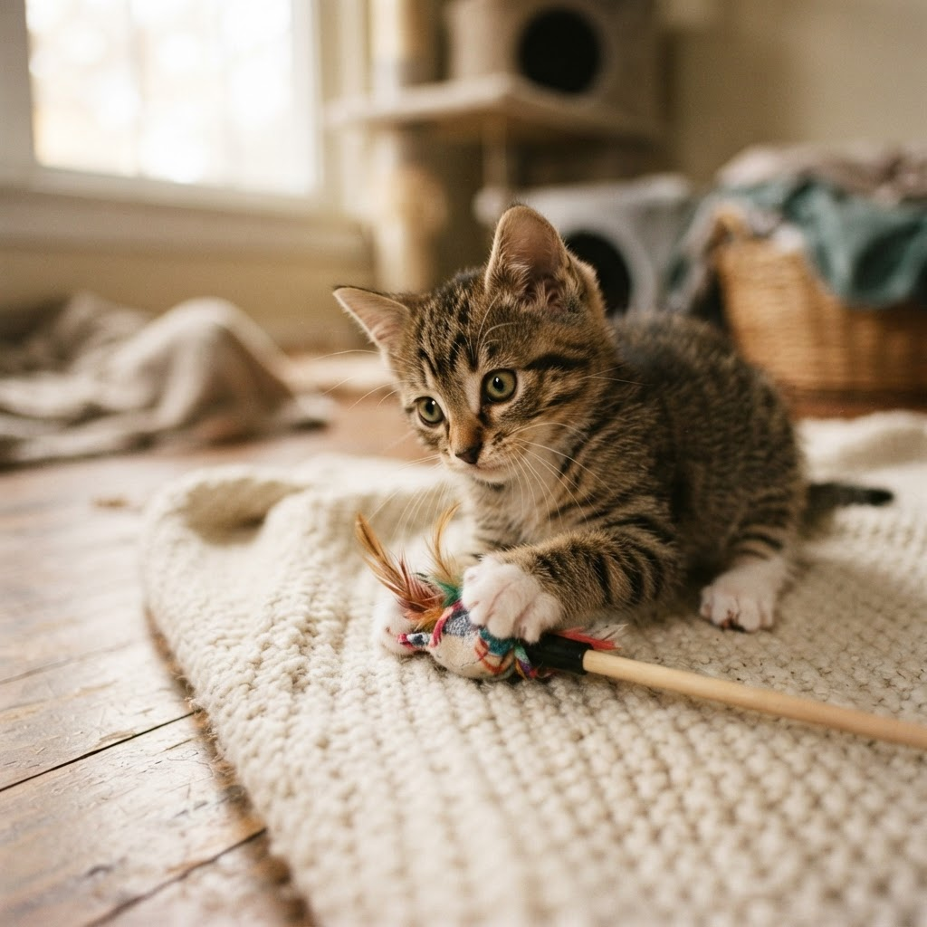 Pepper, a tabby kitten with bright curious eyes